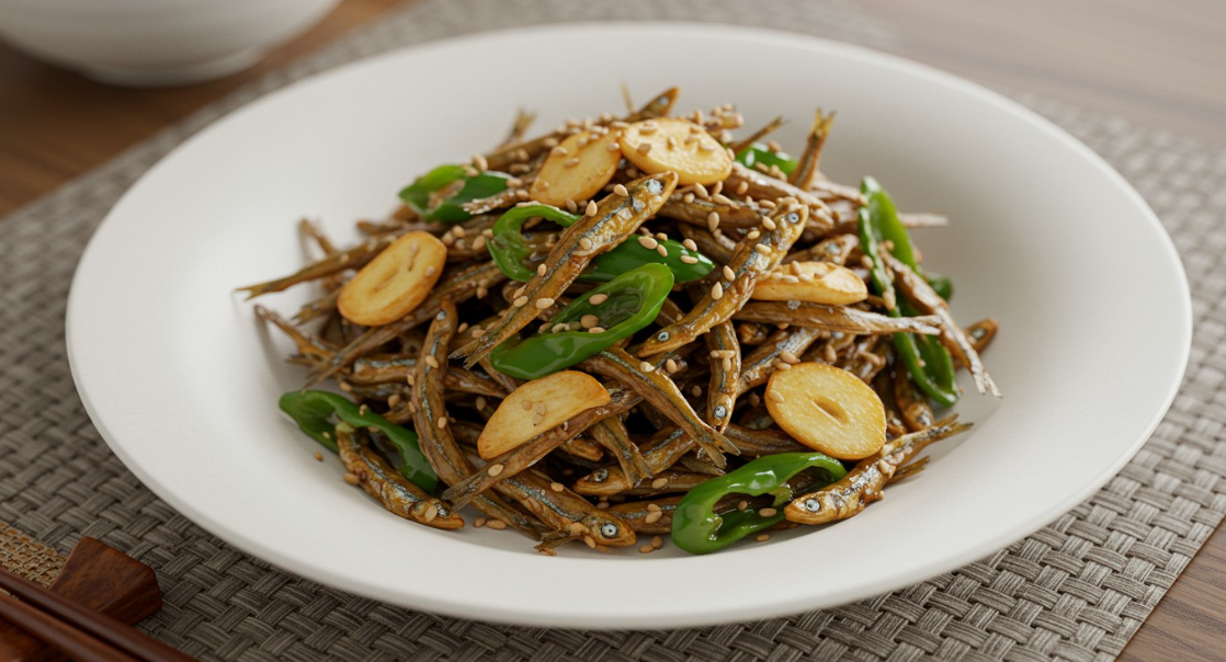 멸치볶음이 완성된 후 접시에 담긴 모습. 통깨가 솔솔 뿌려져 있으며, 은은한 참기름 향이 퍼질 듯한 느낌.