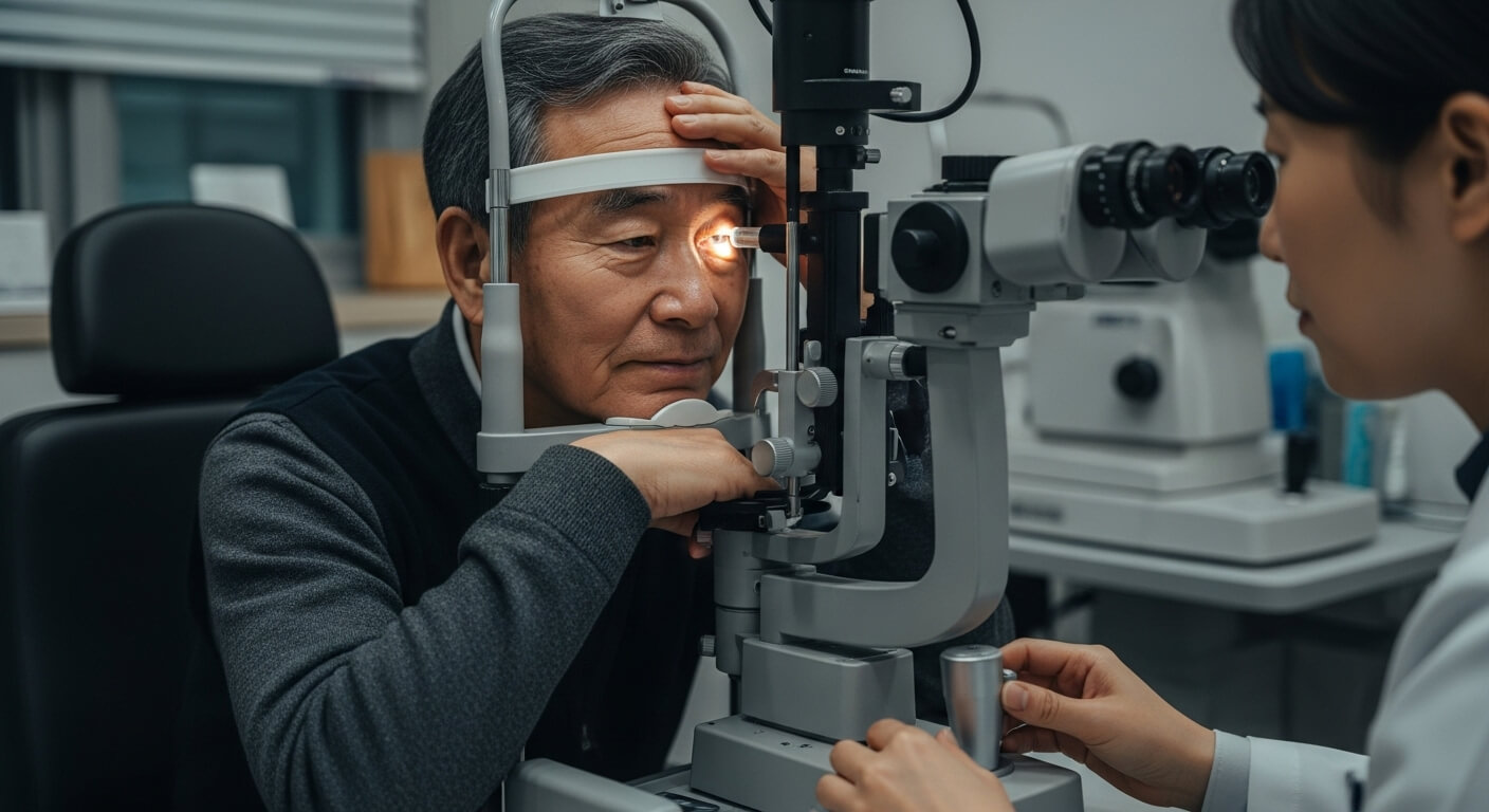 노인 남성이 세극등 현미경으로 정밀 안과 검사를 받는 모습