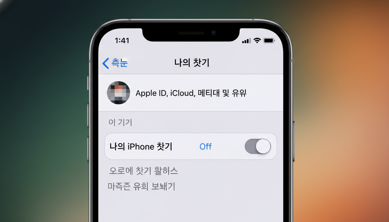 '나의 iPhone 찾기' 기능이 비활성화된 아이폰 설정 화면. 활성화 잠금 해제를 위한 필수 단계를 나타냅니다.