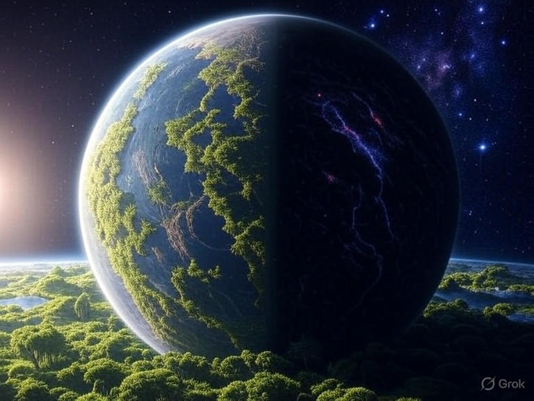 깊은 우주를 배경으로 한 외계 행성의 표면, 한쪽은 밝은 햇빛이 비추는 낮 지역, 다른 쪽은 어두운 밤하늘 아래 은하계 빛이 반사되는 신비로운 풍경 이미지