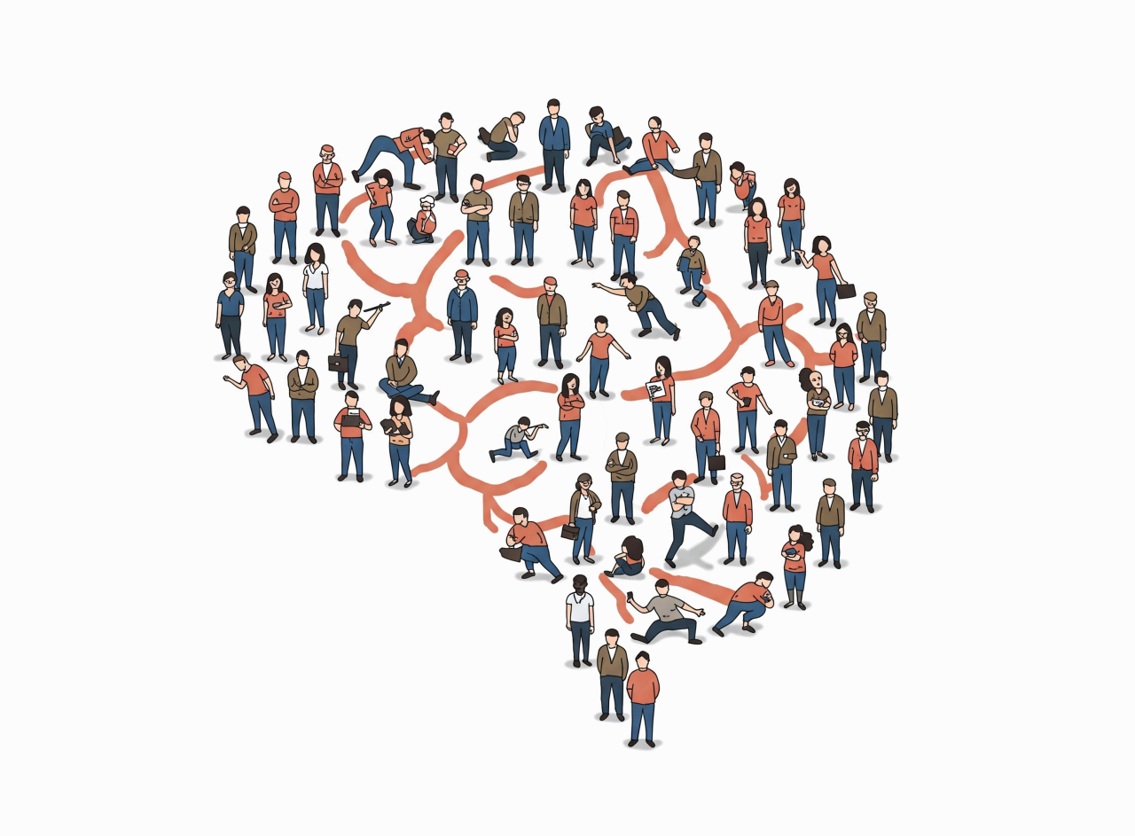 뇌의 모양으로 모여있는 한 집단의 사람들