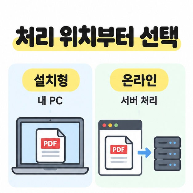 설치형의 내 PC 처리와 온라인의 서버 처리를 노트북 및 브라우저에서 서버로 이어지는 그림으로 비교한 안내