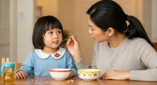 엄마가 아이에게 식탁에서 밥을 먹이고 있는 모습