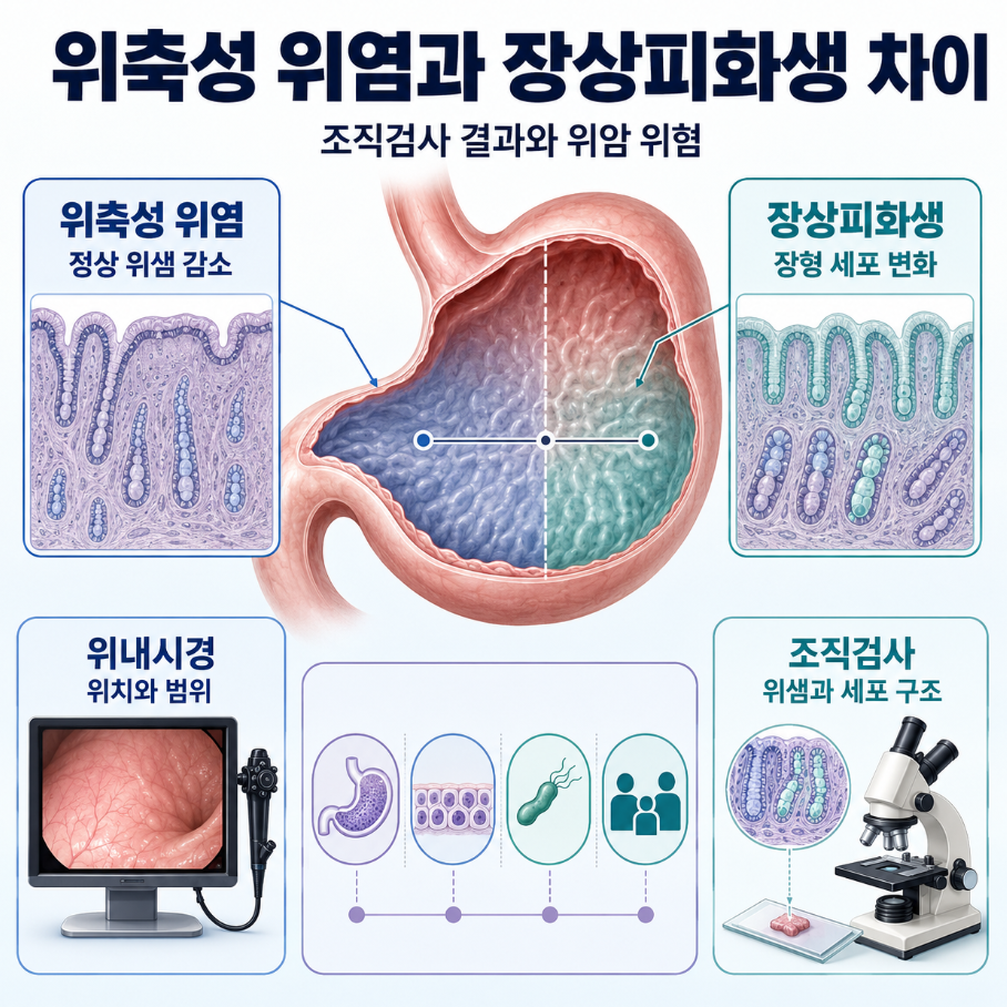 위축성 위염과 장상피화생의 차이 및 위내시경·조직검사 역할을 설명한 대표 인포그래픽