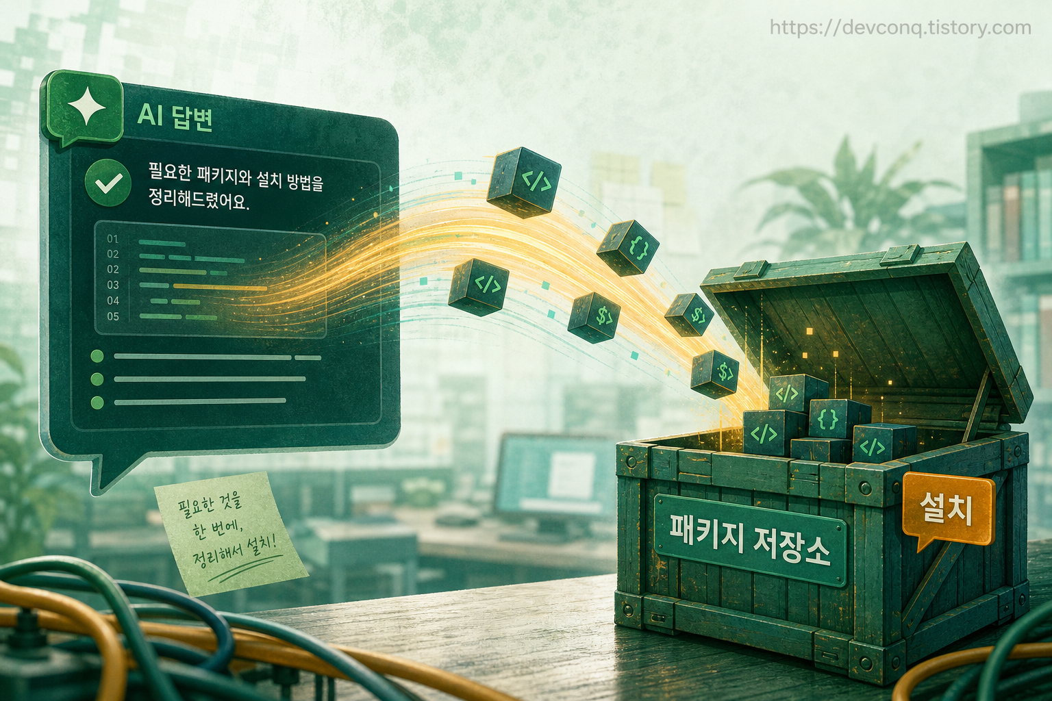 AI 채팅 답변 속 npm install 명령과 그것이 부품 창고로 이어지는 흐름을 보여주는 질감 있는 일러스트