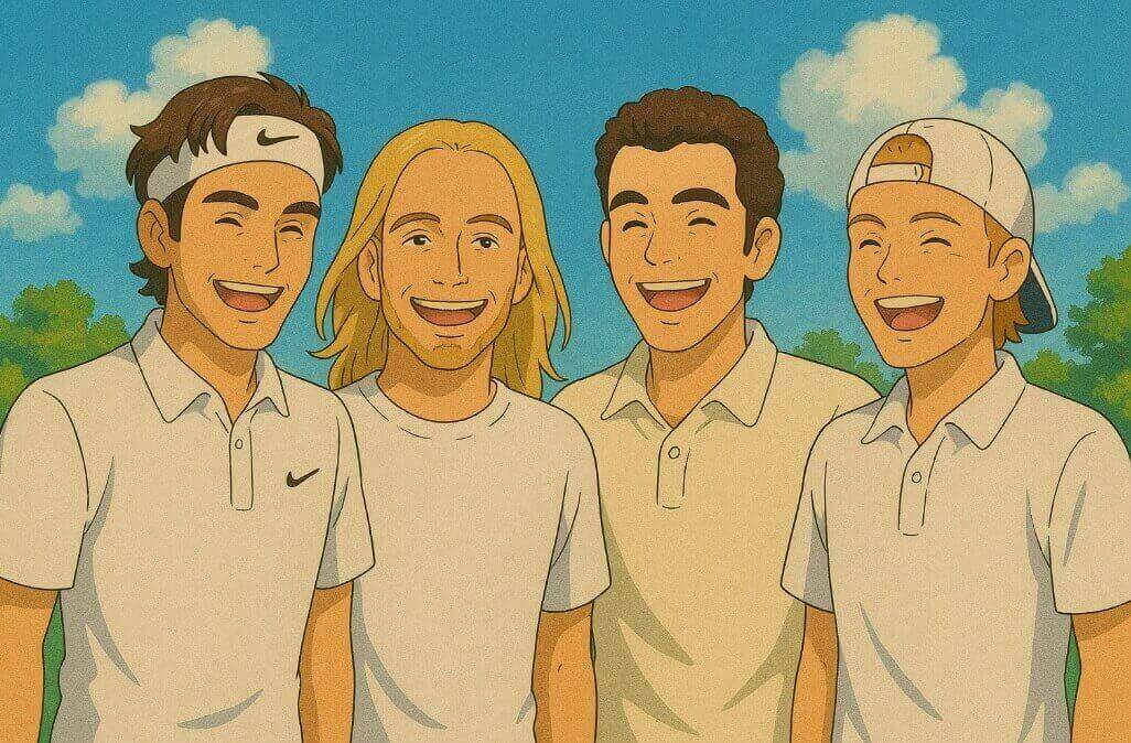 로저 페더러, 안드세 아가시, 피트 샘프라스, 뤼튼 휴잇이 함께 환하게 웃는 지브리 스타일 그림