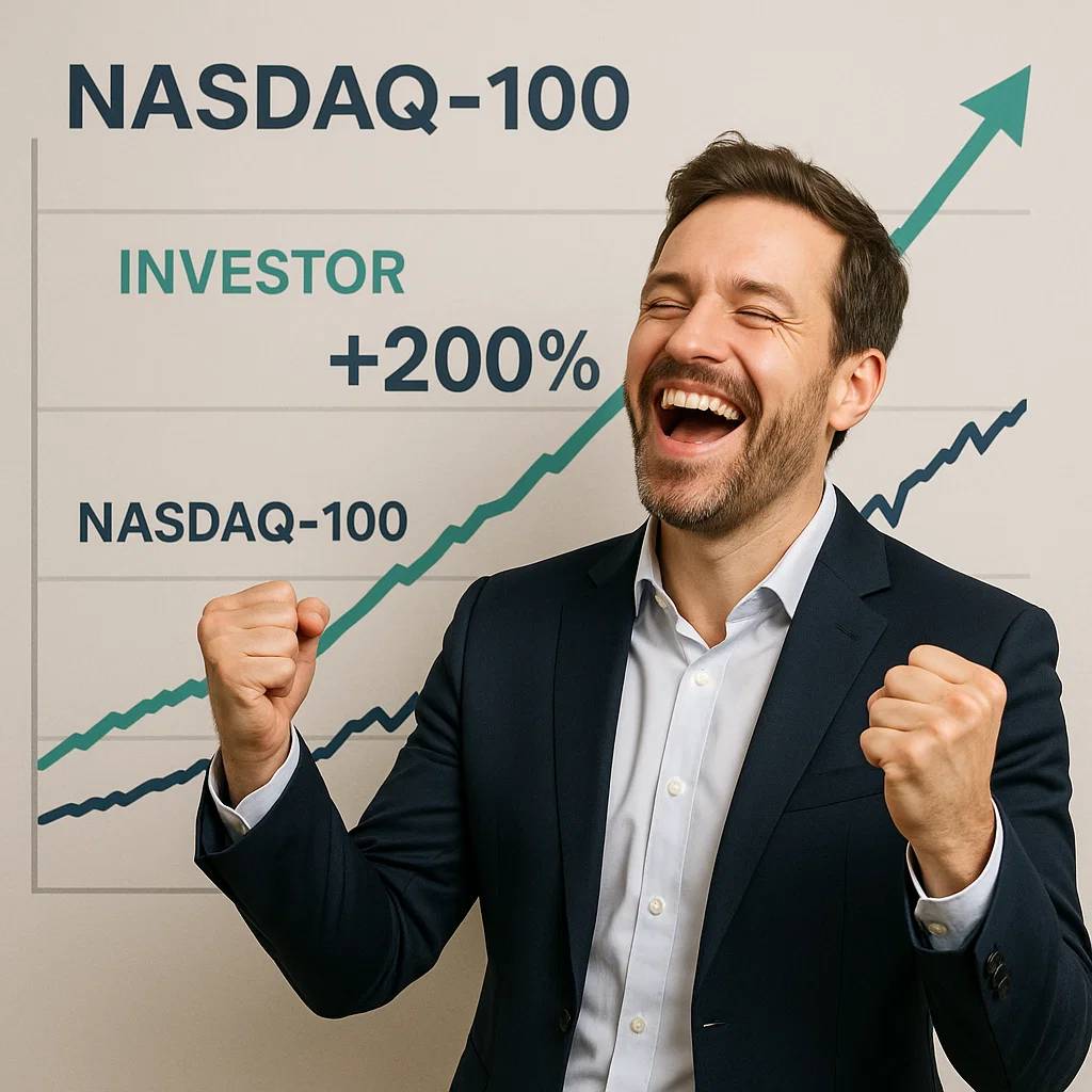나스닥100 수익률 이상의 초과 수익률을 달성한 투자자가 환호하는 모습