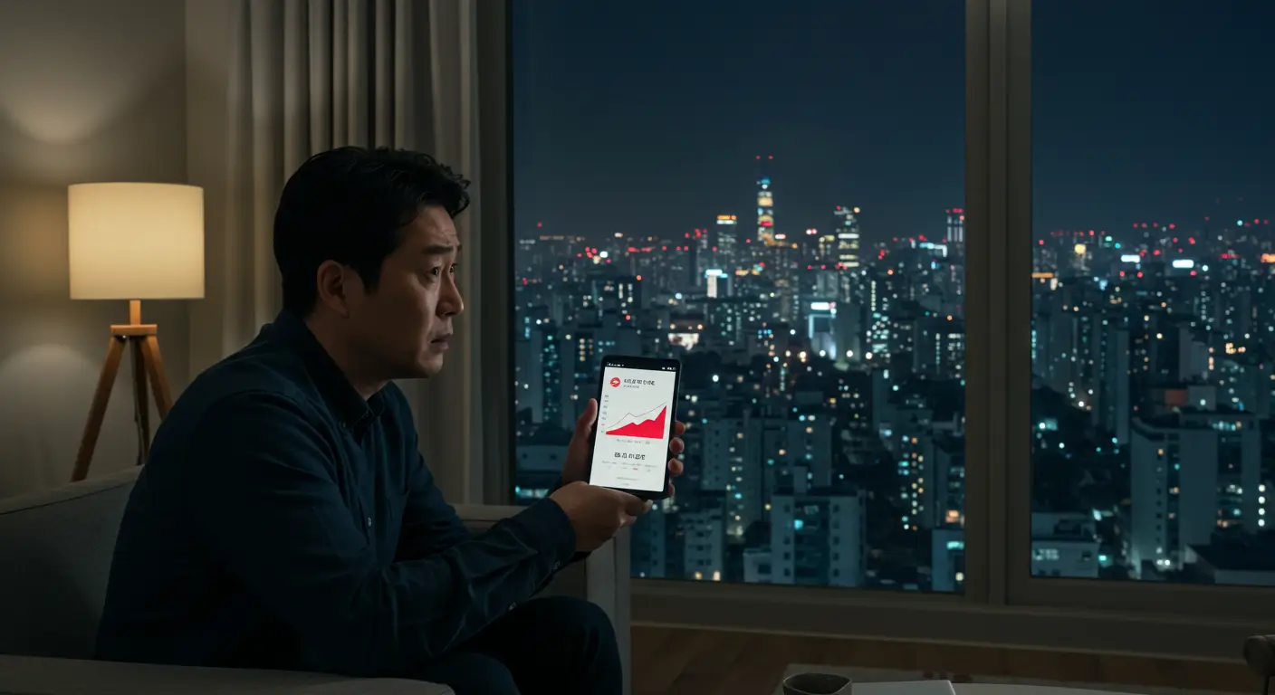 낮은 신용점수 때문에 고민하다가, 자신의 아파트를 보며 주택담보대출의 희망을 찾는 한국인 남성