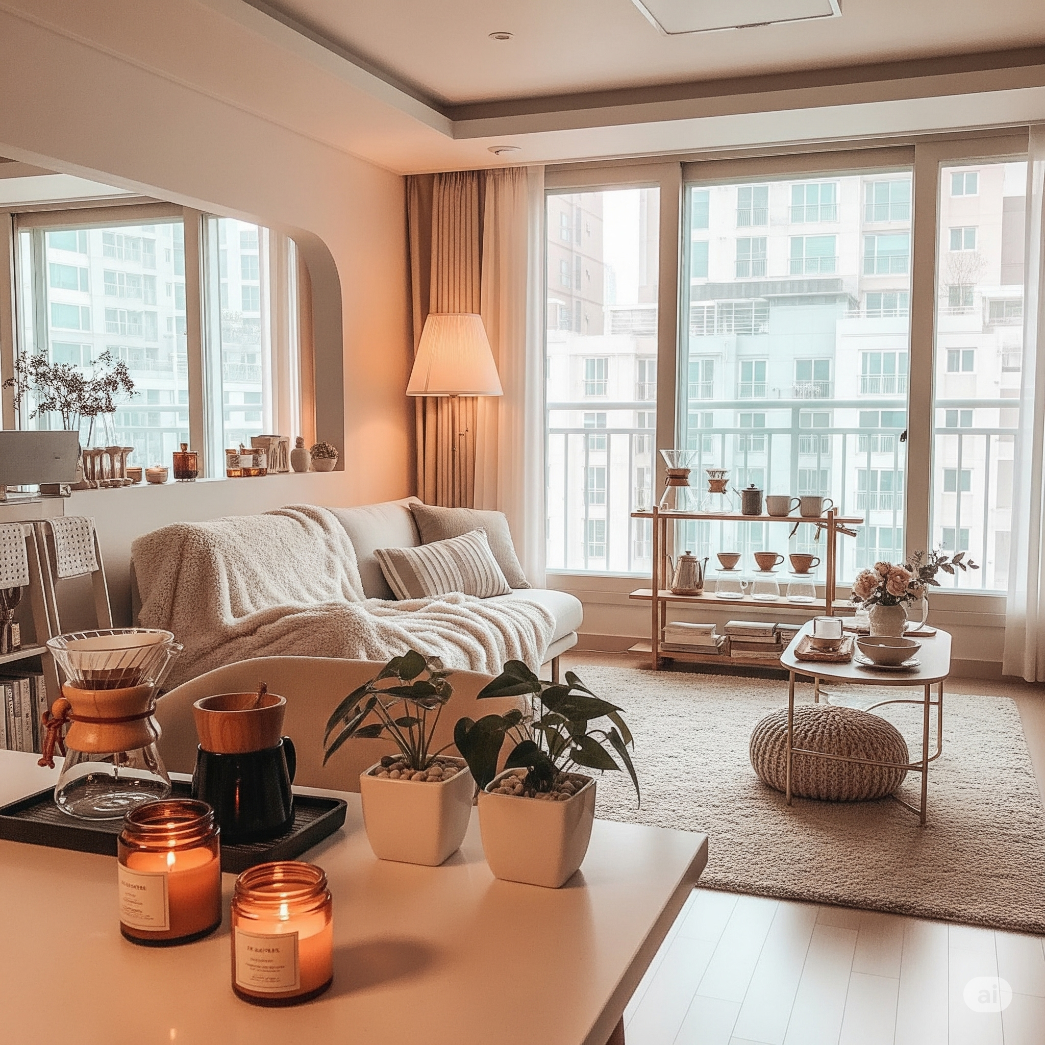 작은 사치 아이템들이 배치된 아늑한 현대적 인테리어 - 캔들, 커피 용품, 식물 등이 있는 홈카페 공간