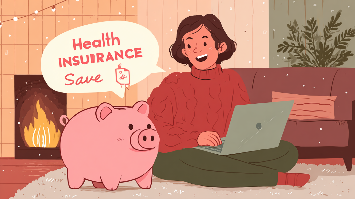 노트북을 보며 웃고 있는 사람과 저금통 일러스트