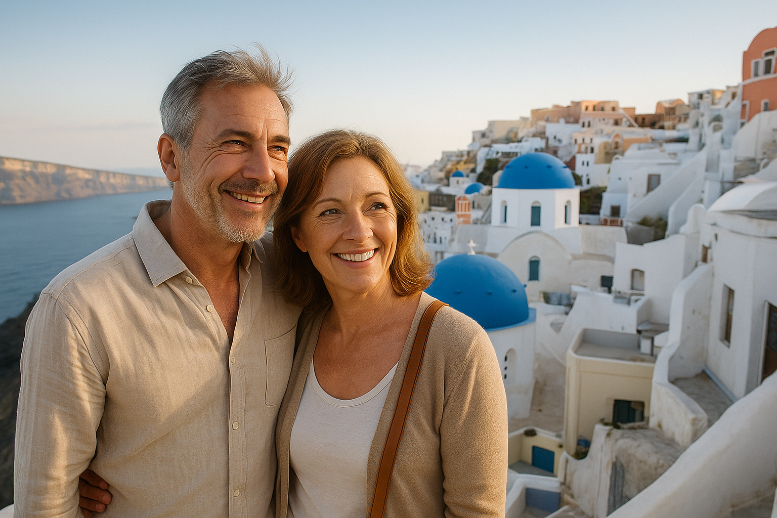 산토리니의 푸른 돔 지붕과 절벽 마을을 배경으로 나란히 서 있는 중년 커플, 따뜻한 햇살 아래 웃으며 여행을 즐기는 모습