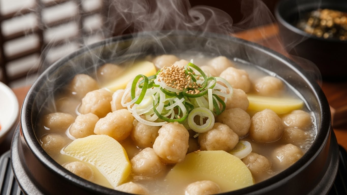 김이 모락모락 나는 강릉 전통 감자옹심이의 먹음직스러운 모습