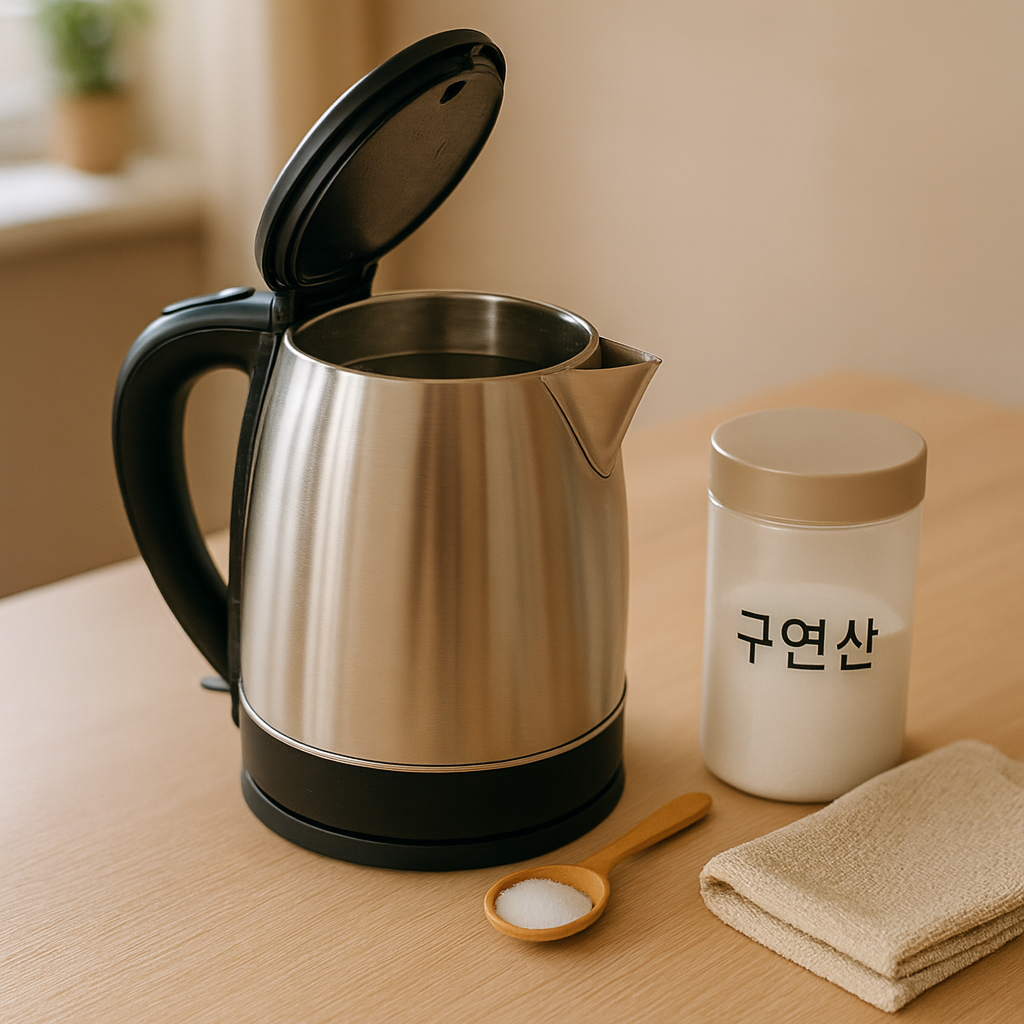 구연산과 스푼, 행주가 함께 놓여 있고, 커피 포트 청소를 준비 중인 따뜻한 주방 장면