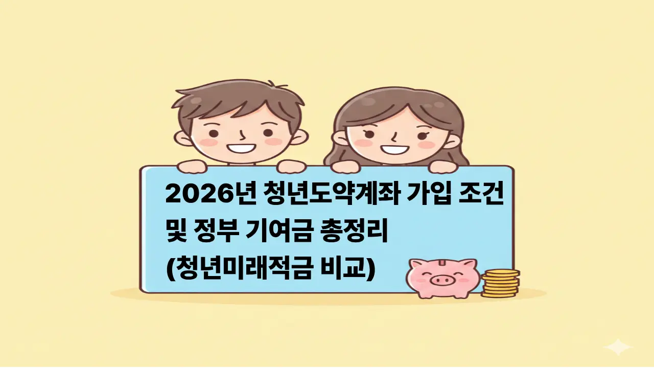 청년도약계좌 가입 조건을 설명하는 젊은 남녀와 저금통, 동전 일러스트 이미지