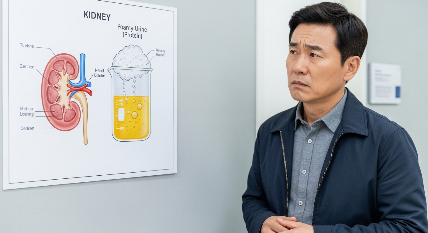 신장과 소변 거품이 그려진 의학 도표를 걱정스럽게 바라보는 중년 남성