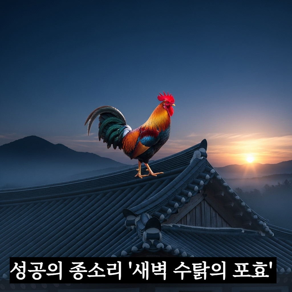 푸르스름한 새벽빛이 감도는 전통 한옥 기와지붕 위에서 붉은 볏을 세운 늠름한 수탉이 고개를 높이 들고 울고 있는 장엄하고 희망찬 분위기의 일러스트