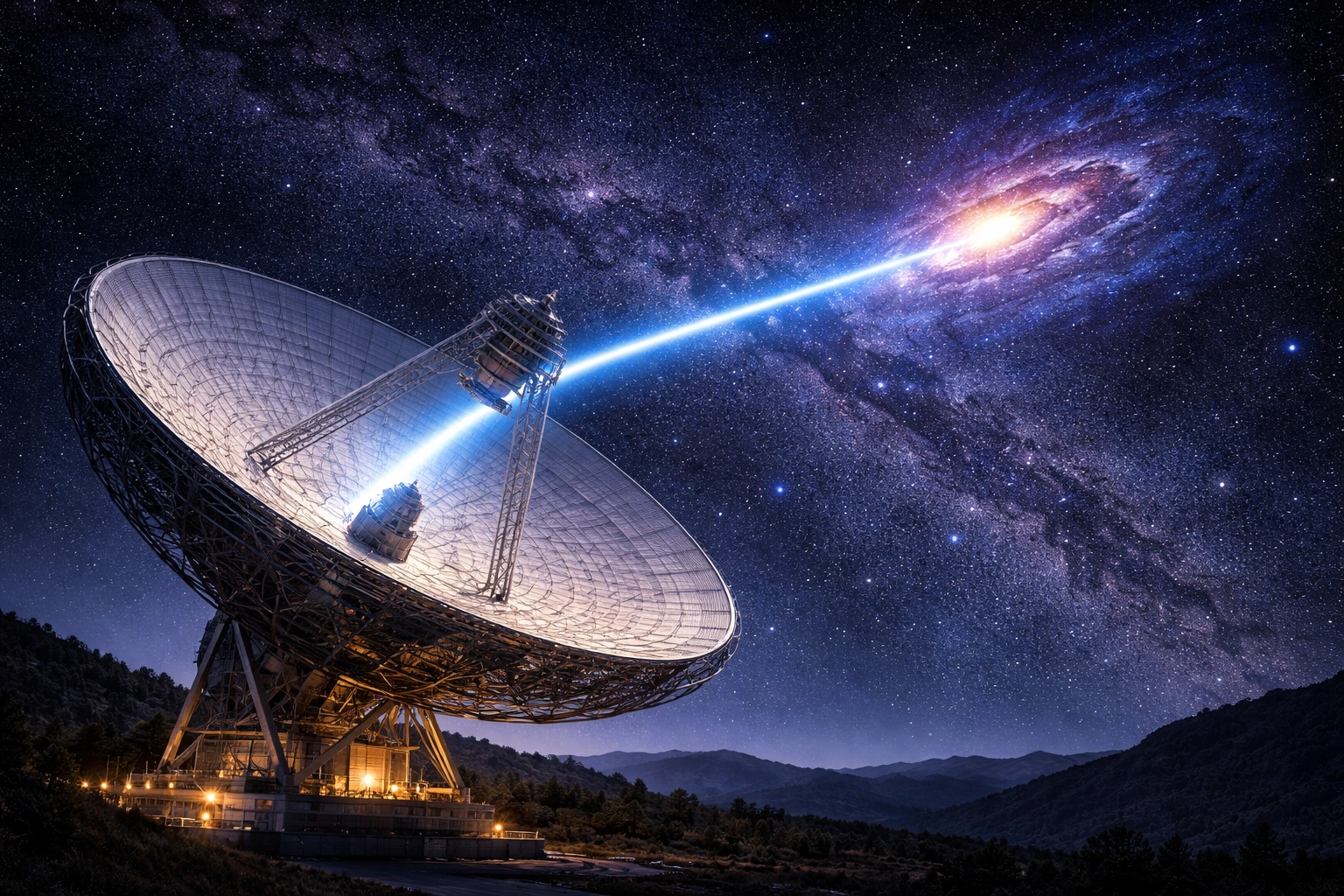 [AI 생성] 거대한 포물면 전파망원경이 우주 신호를 수신하는 모습을 표현한 이미지