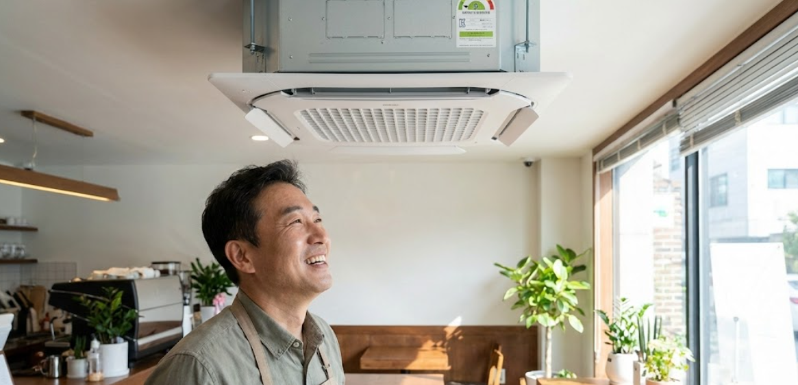 카페 사장님이 냉난방기를 확인하며 만족해하는 모습