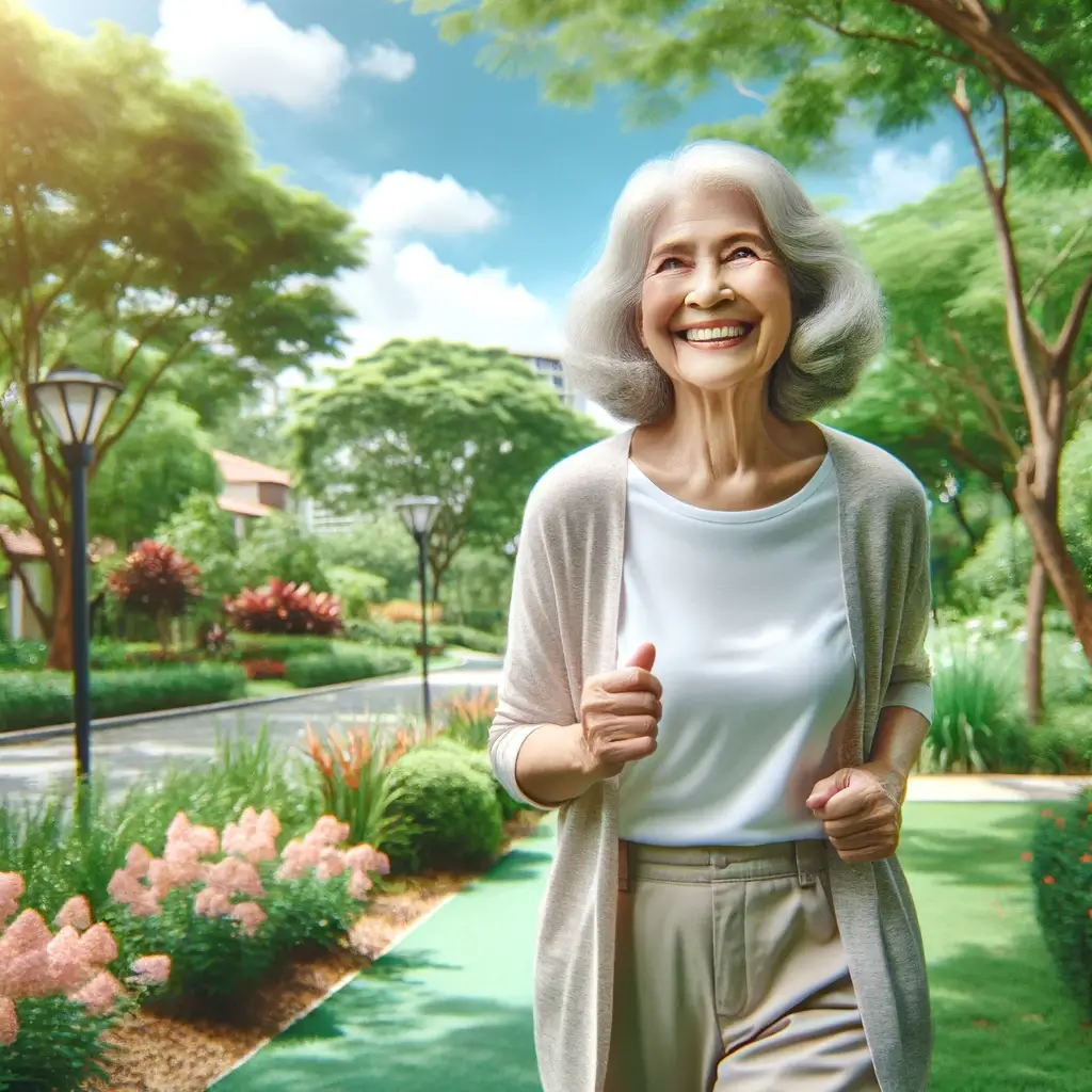 노년의 여성이 공원에서 산책하는 모습의 이미지