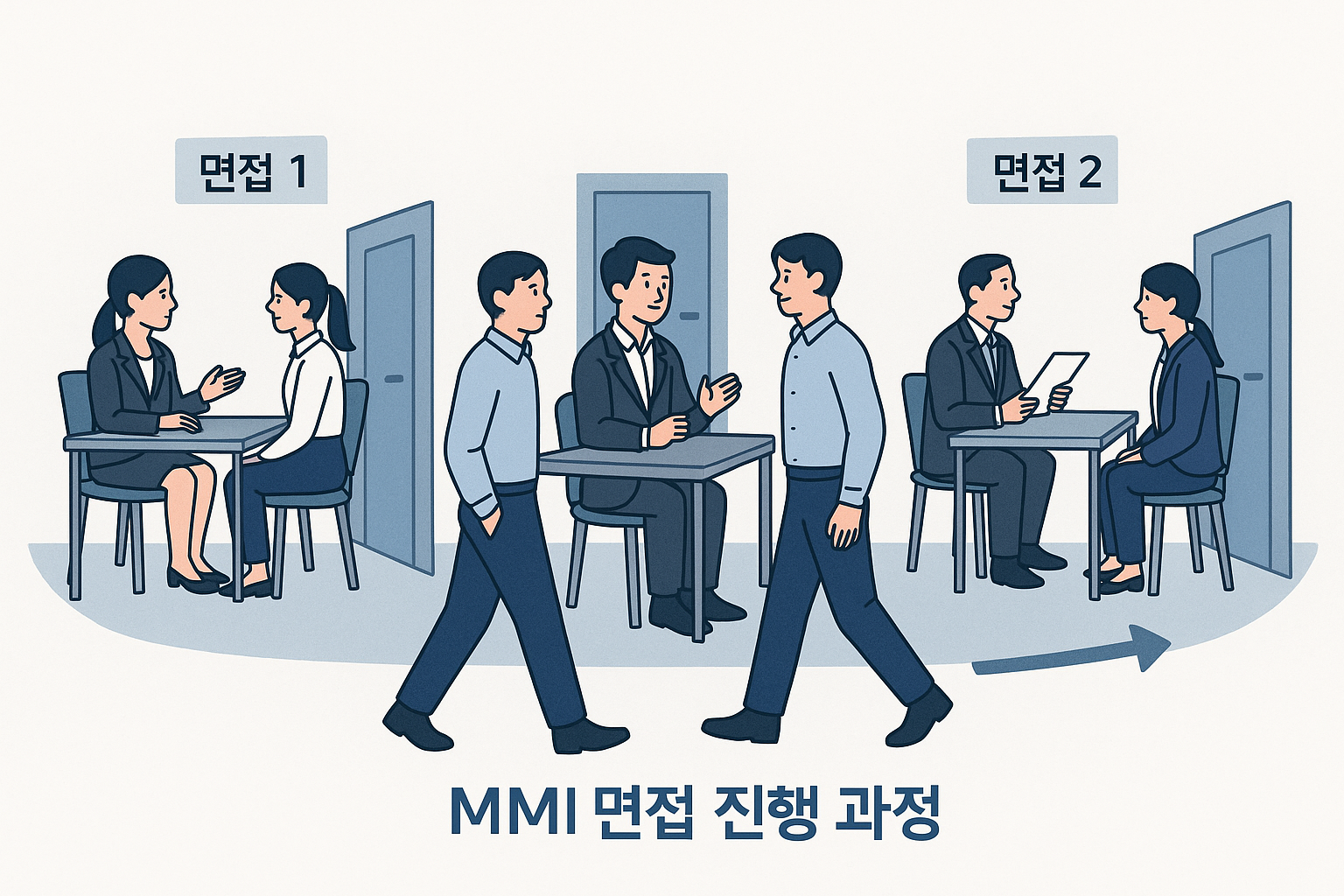 MMI 면접 진행을 나타내는 일러스트. 여러 개의 면접실을 순차적으로 이동하며 다양한 질문에 답하는 모습