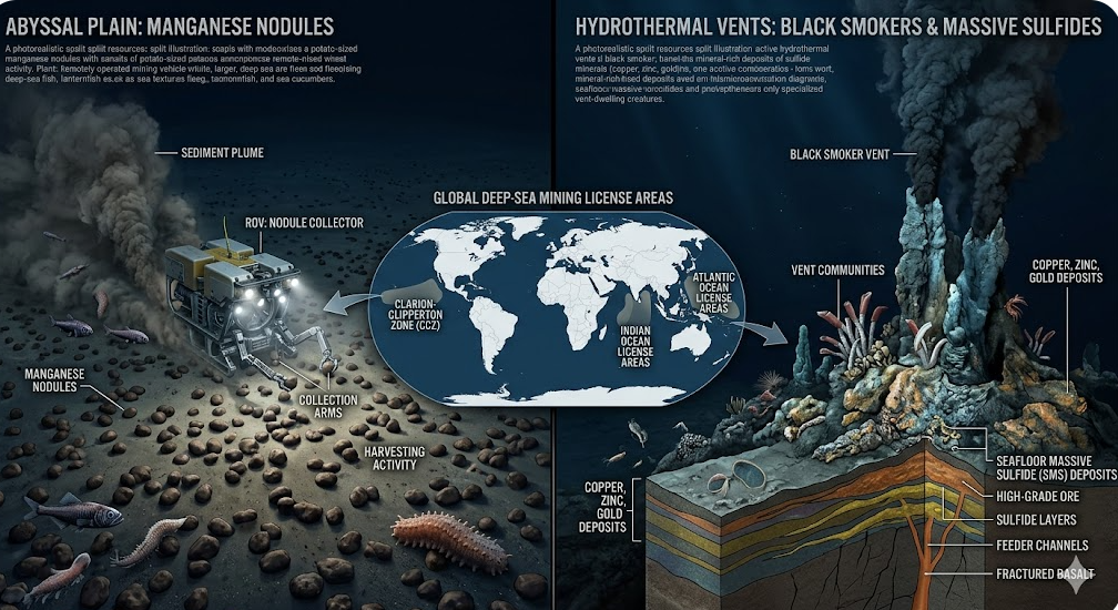 심해 망간 단괴 분포와 해저 열수 광상 구조 도식