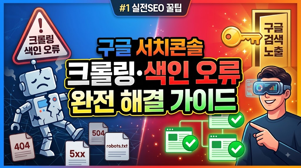 구글 서치콘솔 색인 생성 오류 화면 및 URL 검사 요청 인터페이스를 나타내는 메인 썸네일