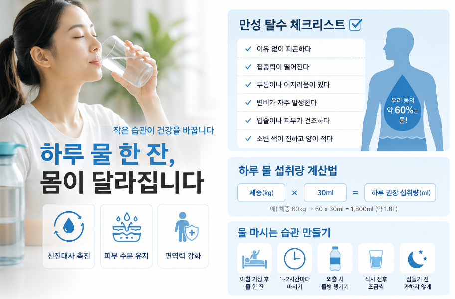 하루 물 섭취량 계산법과 만성 탈수 증상, 올바른 물 마시는 습관 안내