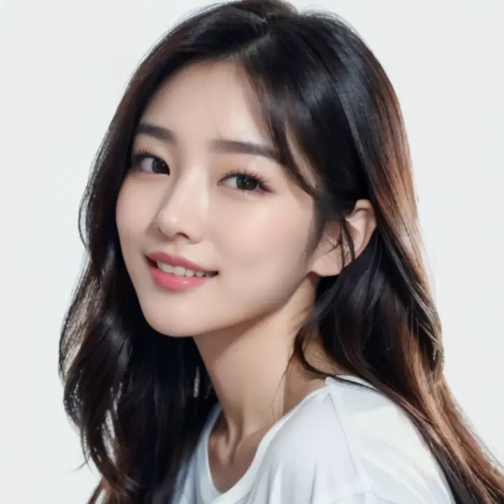 검은 생 머리 큰 눈 오똑한 코 분홍색 입술 하얀 피부에 흰 티셔츠를 입은 여성