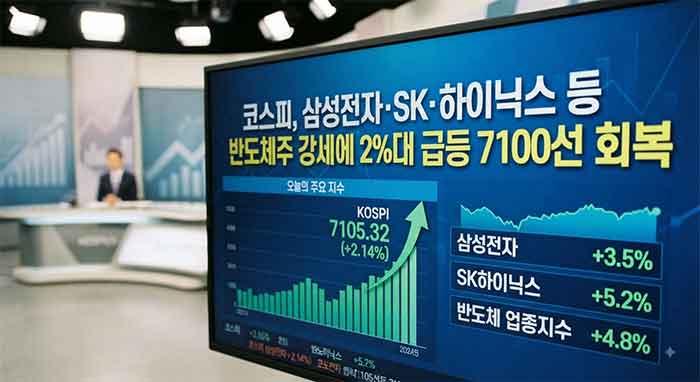 삼성전자와 SK하이닉스 강세로 코스피가 2% 상승하여 7100선을 회복한 증시 화면.