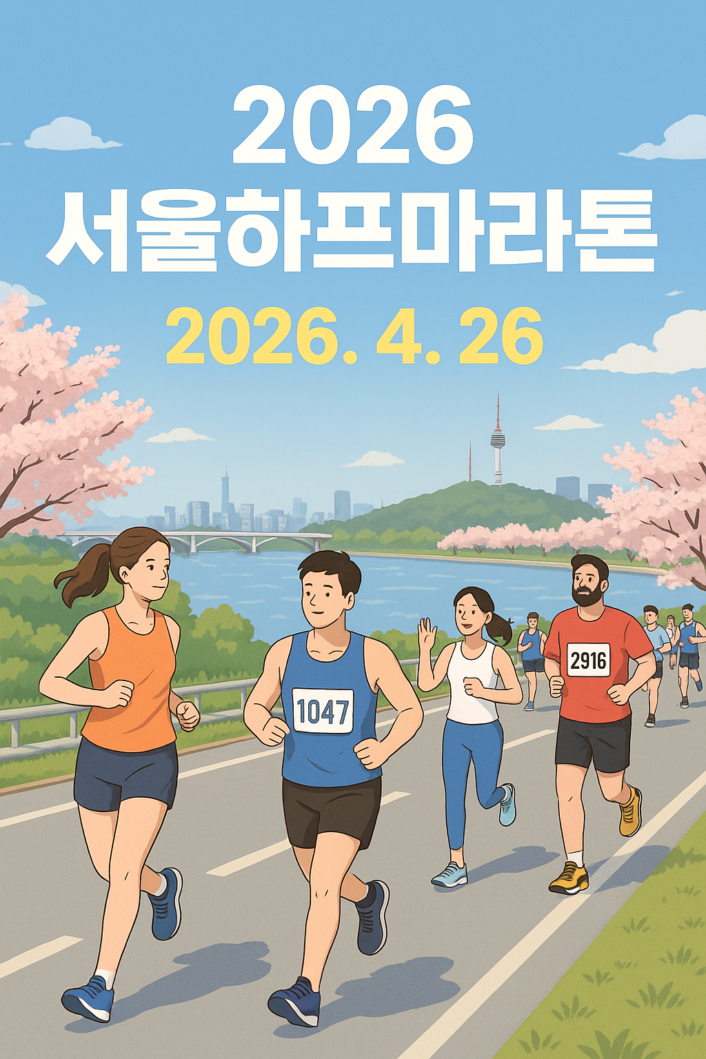 “서울하프마라톤 참가자들이 봄날 한강을 따라 달리는 모습”