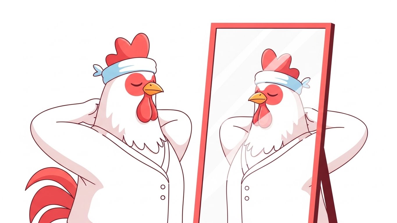 거울을 보며 긴장을 풀고 스스로에게 관대해지려 노력하는 닭 캐릭터 일러스트