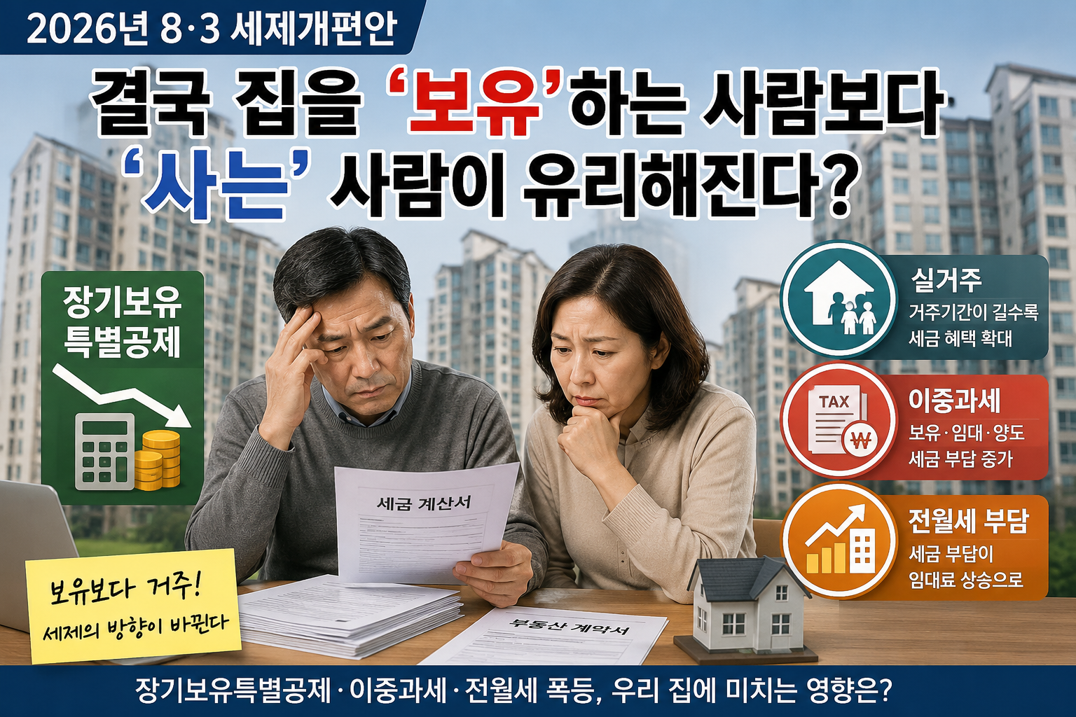 2026년 8·3 세제개편안과 장기보유특별공제 및 전월세 부담을 살펴보는 50대 부부