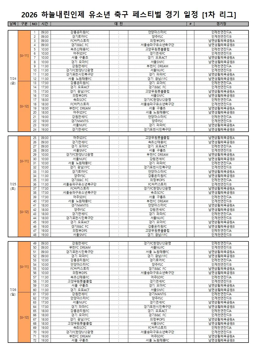 2026 하늘내린인제 유소년 축구 페스티벌 조편성 및 경기 일정(7월 24일 ~ 30일)