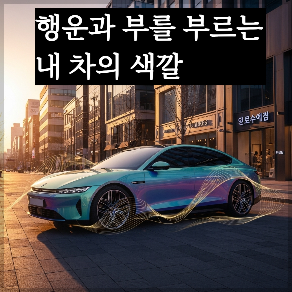 세련된 디자인의 신차가 도심 도로 위에 서 있고, 차체 컬러가 황금빛 햇살을 받아 신비로운 아우라를 뿜어내는 모습. 차량 주변으로 오행(五行)을 상징하는 색채 에너지 파동이 부드럽게 감싸 돌며 운전자에게 행운의 기운을 전달하는 시각적 묘사