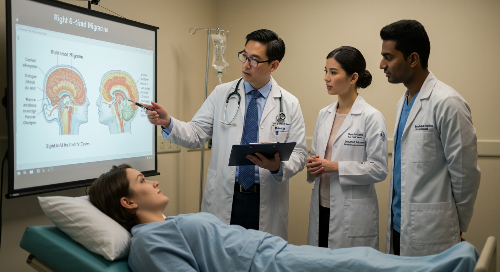 오른쪽, 왼쪽 편두통의 차이점을 설명하는 의사