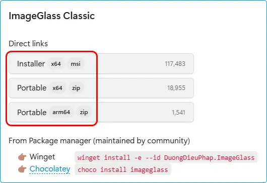 ImageGlass Classic

Direct links
Installer x64 msi
Portable x64 zip
Portable arm64 zip

From Package manager (maintained by community)
Winget winget install -e --id DuongDieuPhap.ImageGlass
Chocolatey choco install imageglass