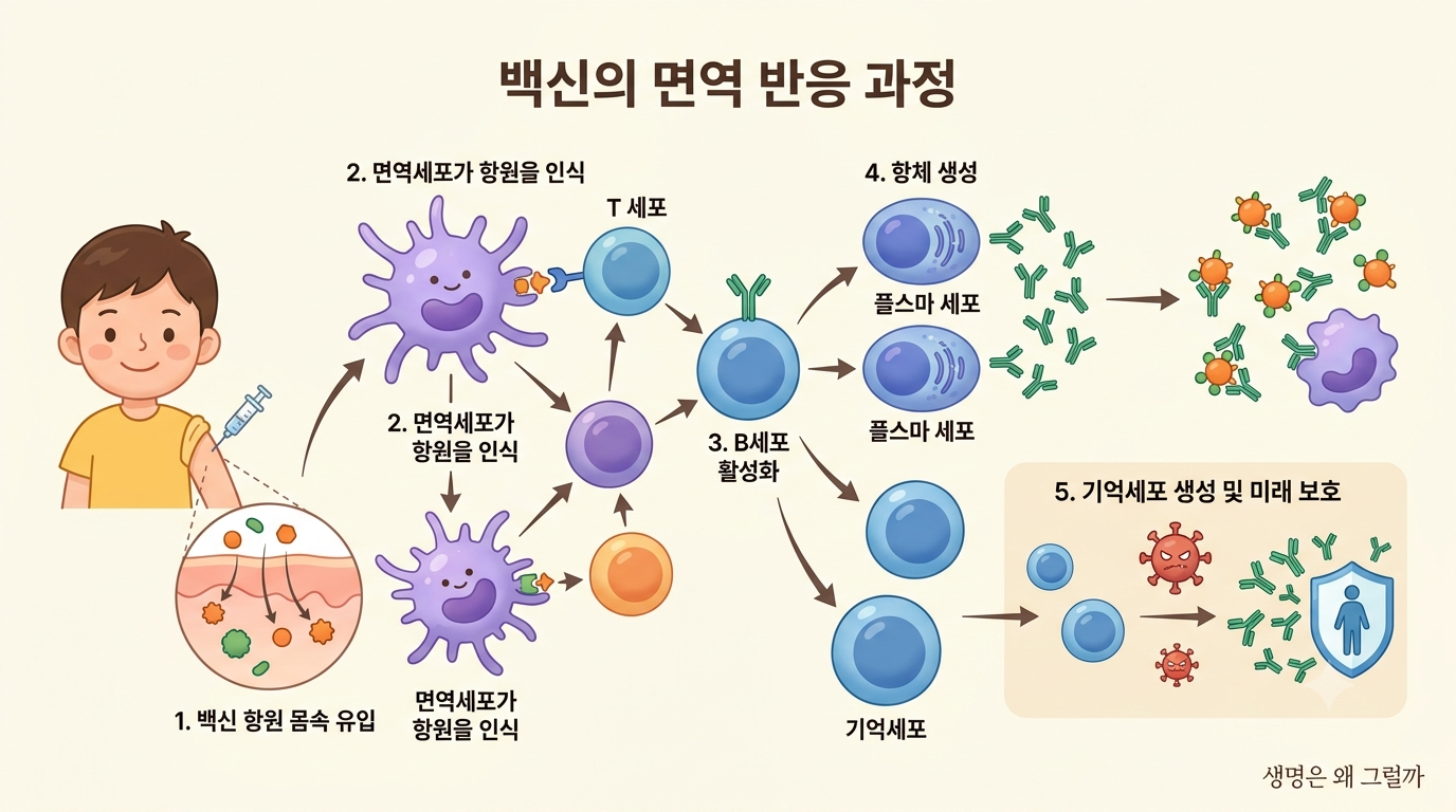 백신은 우리 몸이 특정 병원체를 미리 알아보고 대응할 수 있도록 면역반응을 유도합니다.