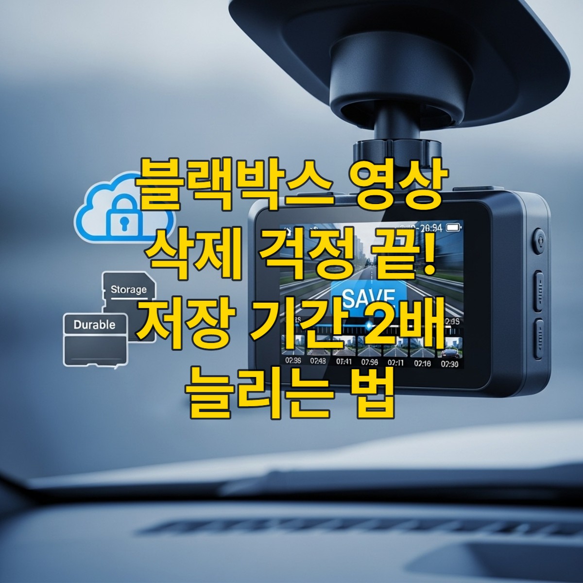 차량 블랙박스가 설치된 자동차 앞유리, 화면에 녹화 영상 타임라인과 클라우드 및 SD카드 저장 아이콘이 보이는 이미지.