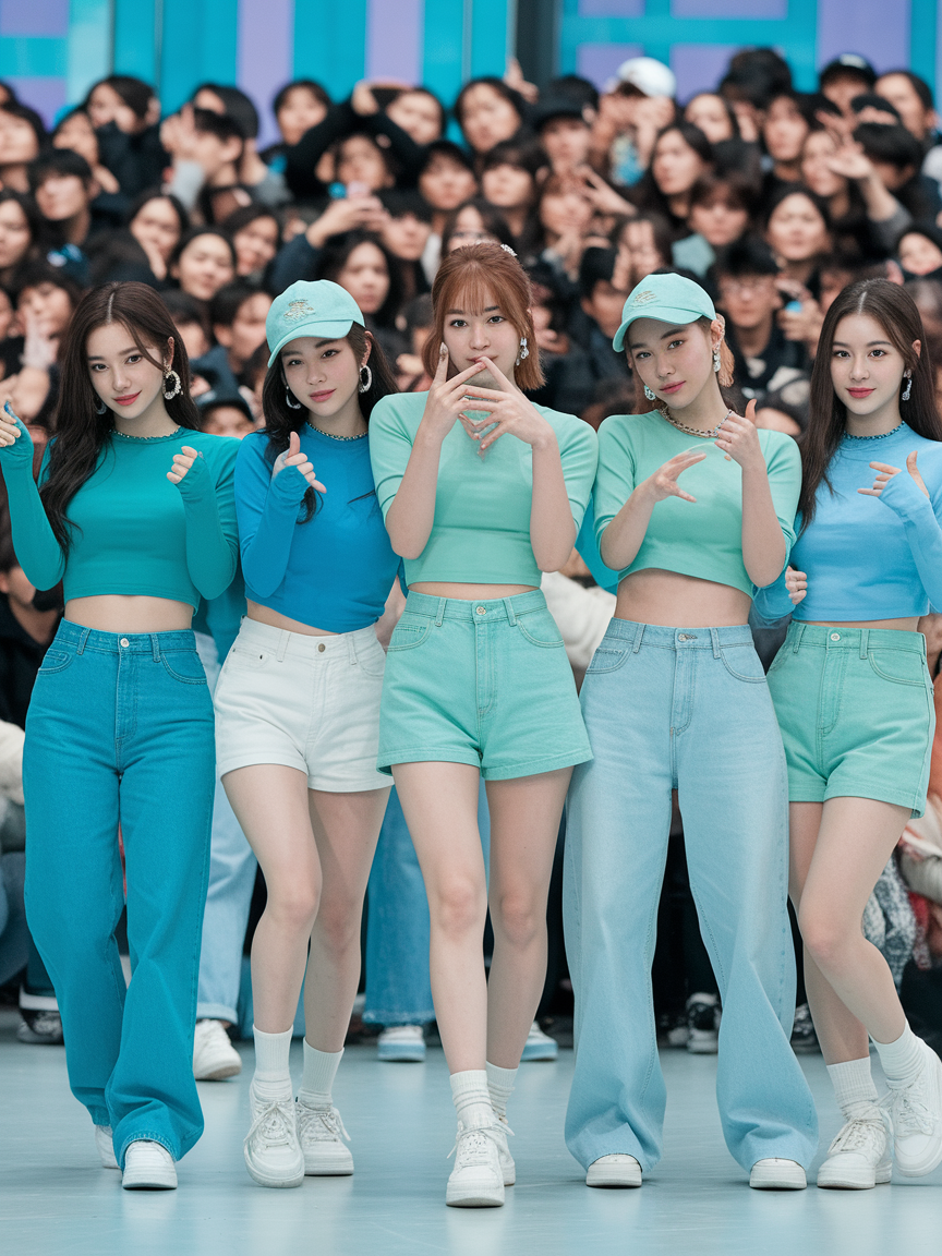 가상의 여자아이돌 5명이 뒤에 수많은 팬들을 등지고 카메라 앞에서 포즈를 잡고 있는 이미지