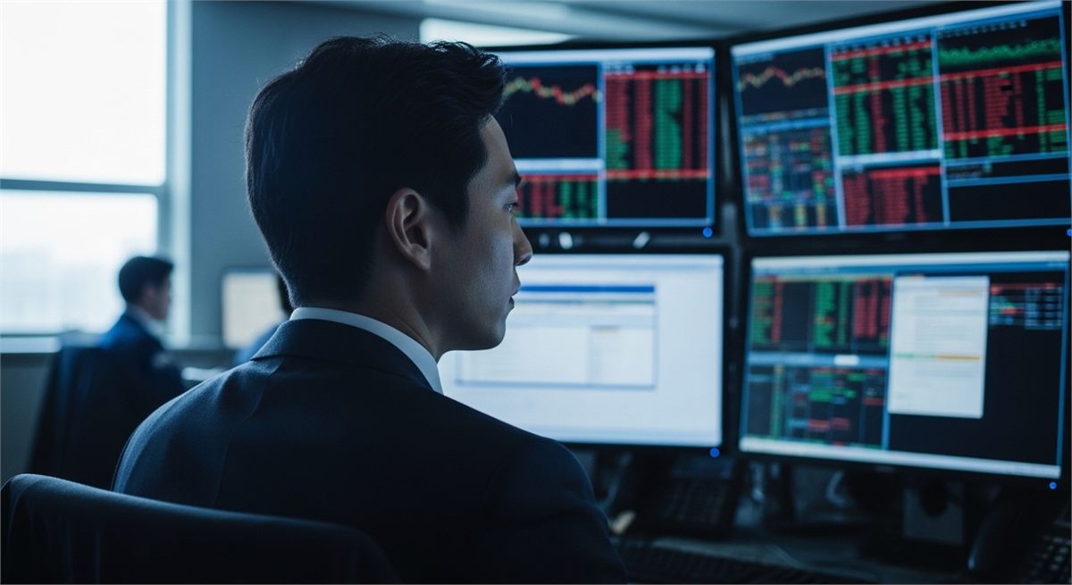 여러 시장 화면을 보며 변동성을 살피는 직장인 뒷모습 