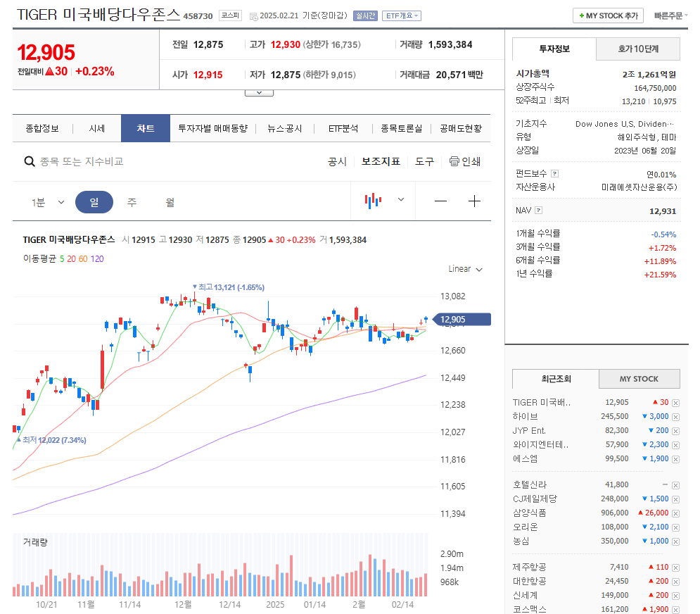 월배당 ETF TIGER 미국배당다우존스