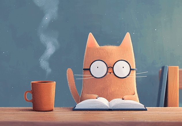 살구색 털을 가진 귀여운 공양이가 안경을 쓴채 책상 앞에서 독서중이다. 오른쪽에는 하얀 김이 나는 머그컵이 있다.