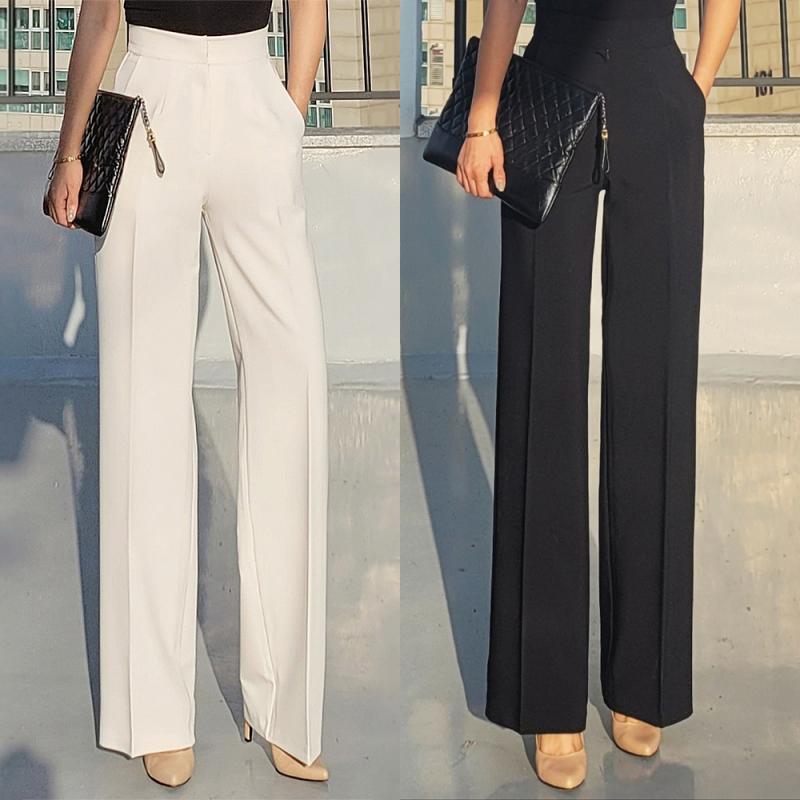 가을 스판 밴딩 여자정장팬츠 세미와이드팬츠 여성 화이트팬츠 일자 하이웨스트 바지 L사이즈
