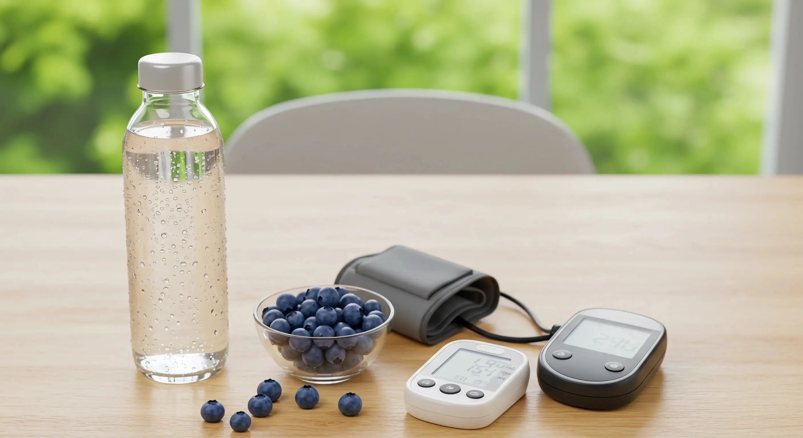 밝은 테이블 위에 어르신의 여름 건강 관리를 위한 물품들이 정갈하게 놓여 있습니다. 왼쪽부터 파란 뚜껑의 투명한 물병, 작은 흰 그릇에 담긴 신선한 블루베리, 디지털 혈압계와 혈당 측정기가 차례로 보입니다.