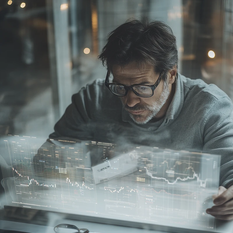 연금 전략을 위한 주식 차트와 ETF 비교를 분석하는 투자자들의 모습은 분석적이고 집중된 분위기에서 펼쳐진다. 데이터 시각화 도구, 투자 평가, 금융 전략과 관련된 명확하고 전문적인 환경을 조성한다.