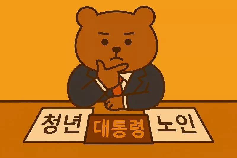청년과 노인이라는 두 서류 사이에서 깊은 고민에 빠진 만화 스타일의 동물 캐릭터 대통령