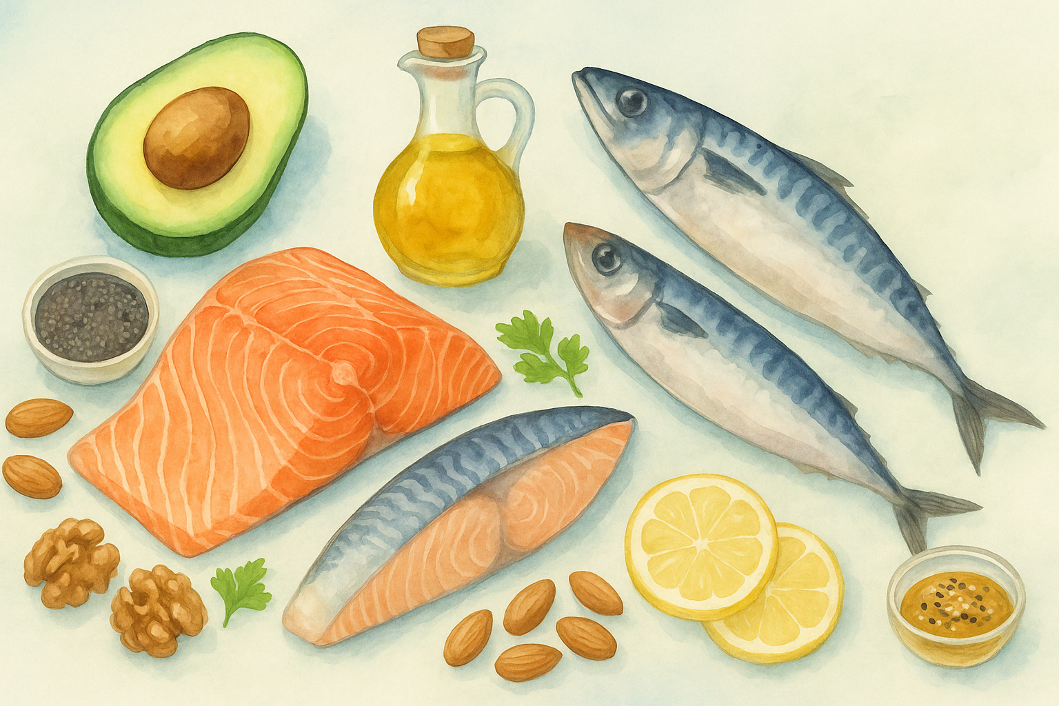 연어·고등어·아보카도·올리브유 등 좋은 지방 식품을 담은 수채화 일러스트