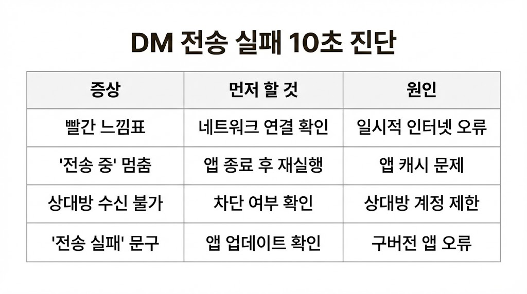 인스타 DM 안 보내짐/전송 실패 해결법(2026 최신) &mdash; 앱 권한&middot;네트워크&middot;제한 점검 순서