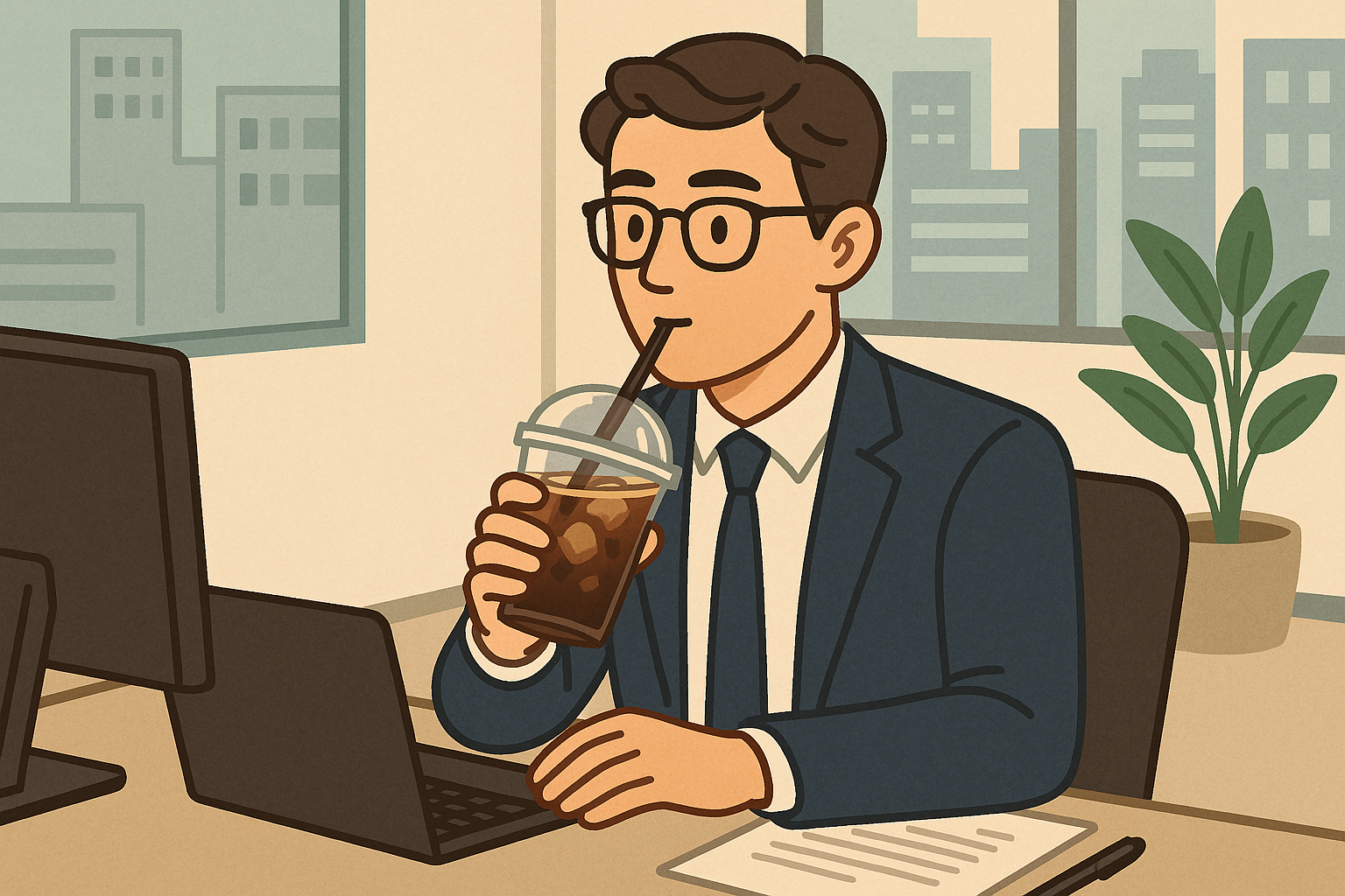 냉커피를 마시는 직장인의 모습