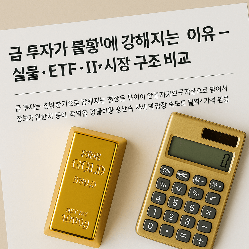 금 투자 구조를 상징하는 금괴와 계산기, 그리고 금 투자 분석 문서가 함께 배치된 이미지
